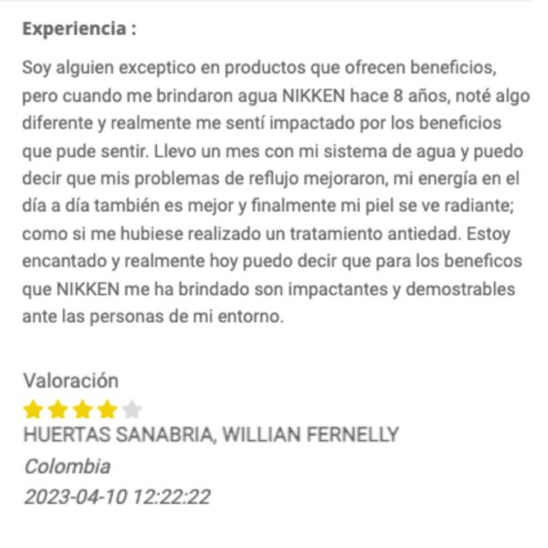 Testimonio 1 Filtro Purificador de Agua PiWater Nikken